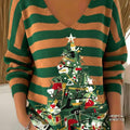 Women's Striped Art Christmas Tree Print Sweater Top