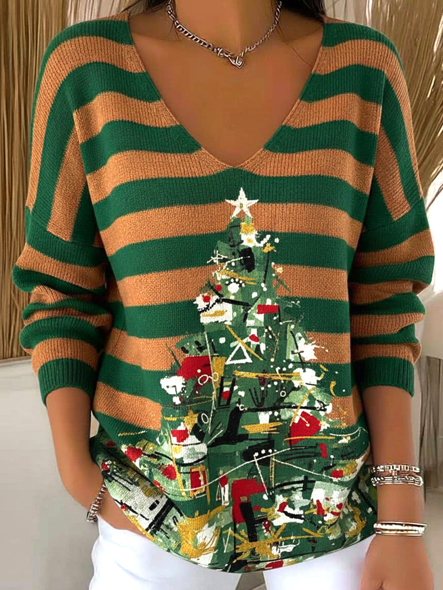 Women's Striped Art Christmas Tree Print Sweater Top
