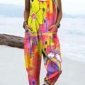 Women's Vintage Flower Art Print Casual 100% Cotton Wide Leg Jumpsuit