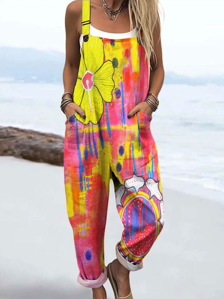 Women's Vintage Flower Art Print Casual 100% Cotton Wide Leg Jumpsuit