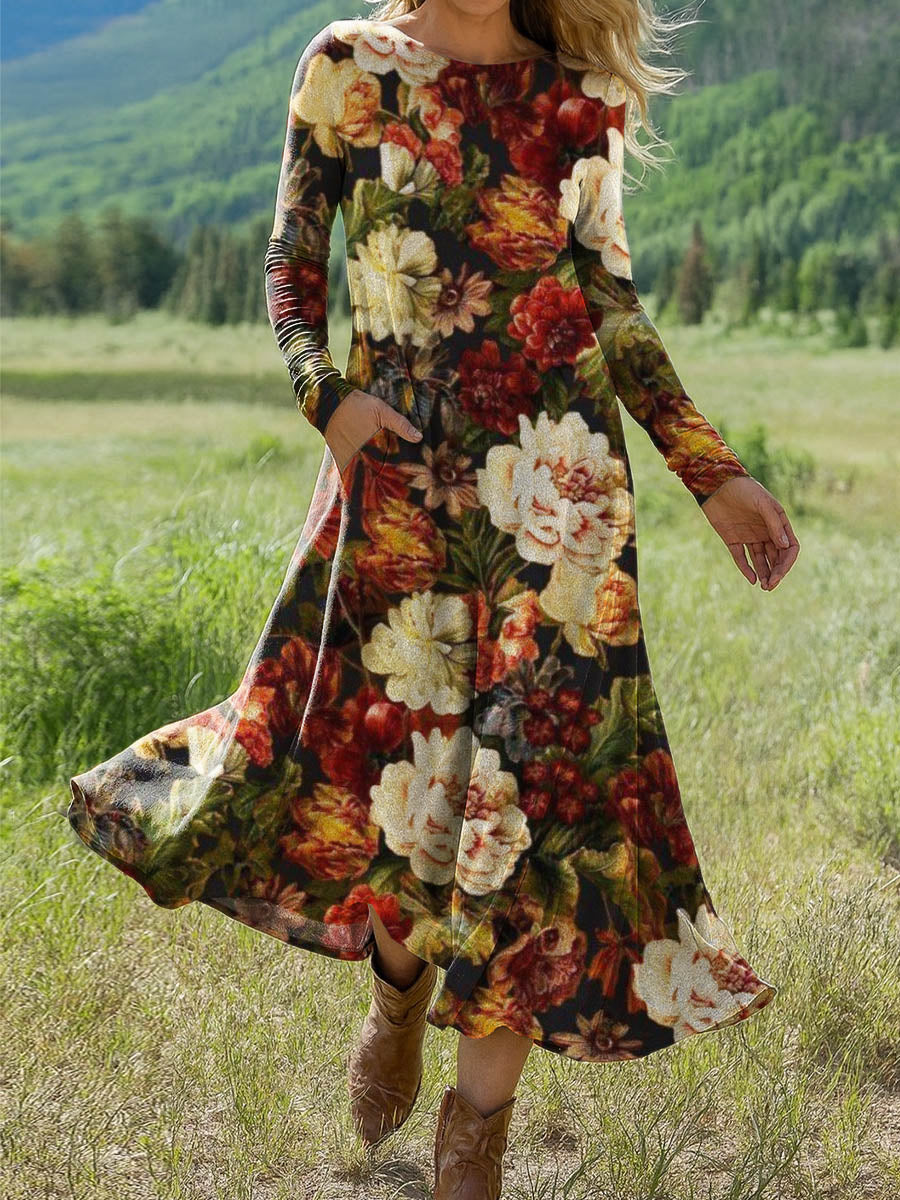 Women's Retro Floral Art Print Long-sleeved Dress