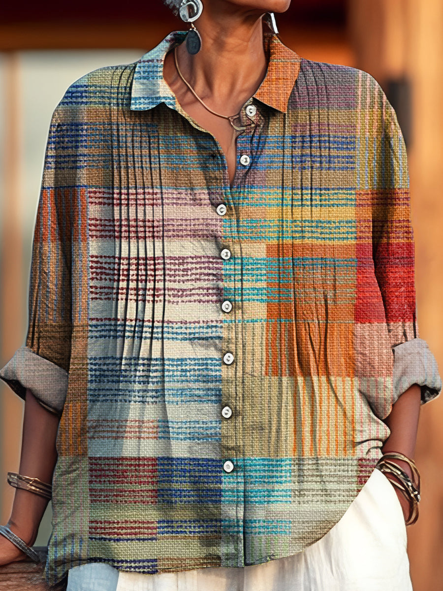 Women's Vintage Multicolor Geometric Line Drawing Art Print Casual Cotton And Linen Ruffle Shirt