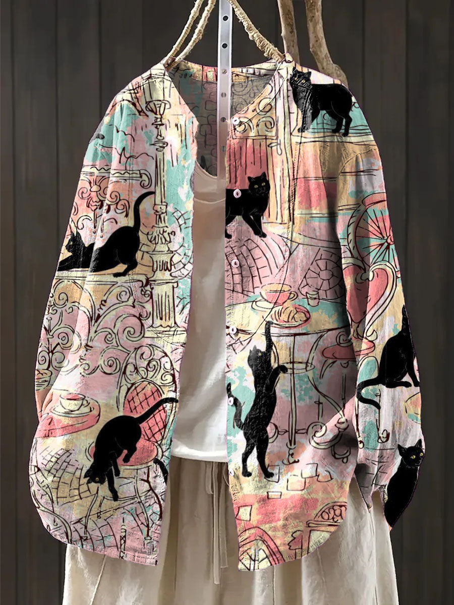 Women's Lovely Cats Art Print Casual Cotton And Linen Shirt
