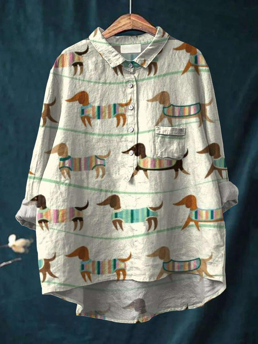 Women's Dachshund Print Casual Cotton And Linen Shirt