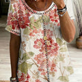 Retro Floral Print & Cutout Webbing Spliced loose-fit Cotton-linen Short-sleeve Shirt