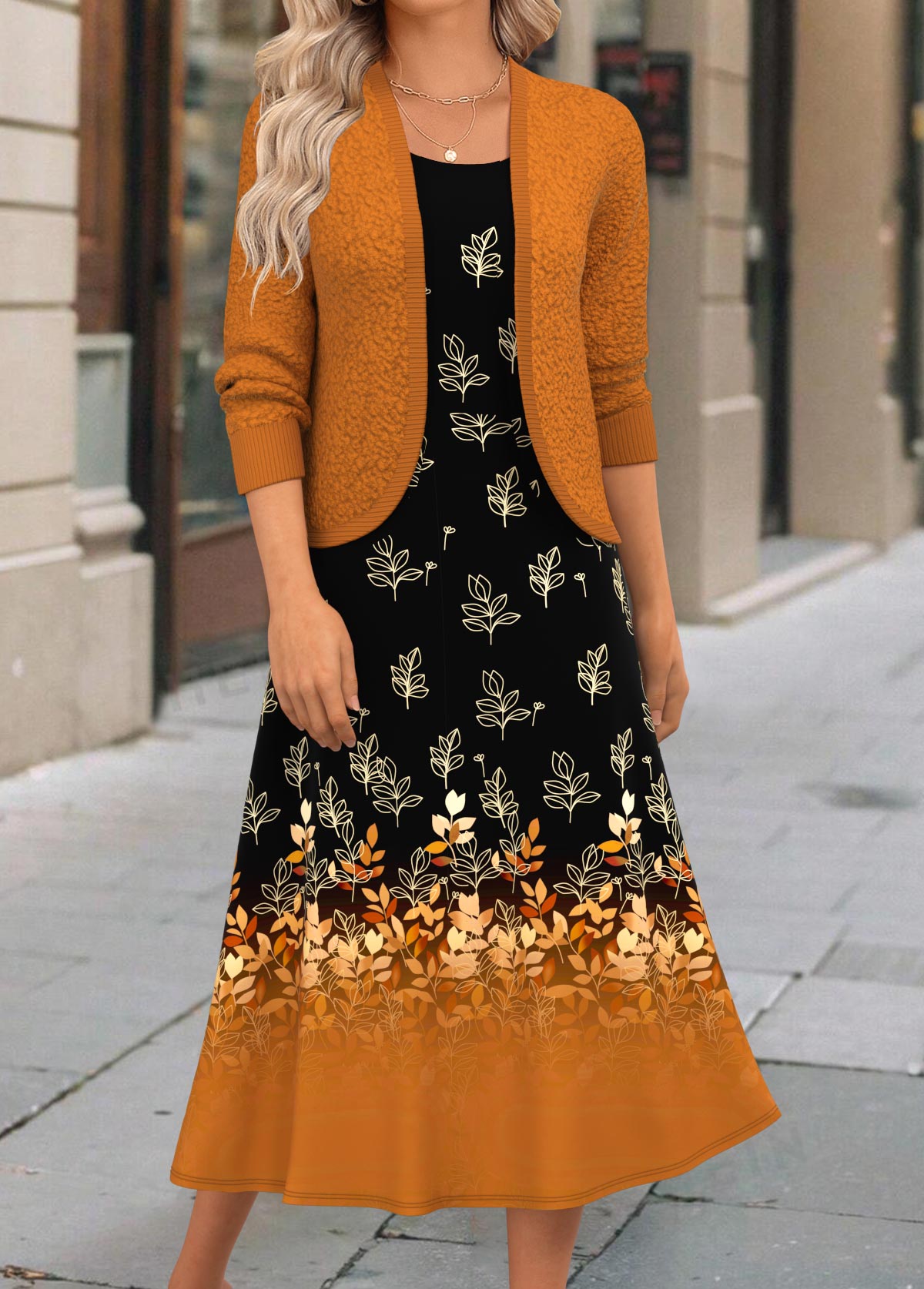 Terracotta Two Piece Floral Print Dress and Cardigan
