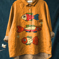 Cute Cartoon Fish Graphic Printed Women's Casual Cotton And Linen Shirt