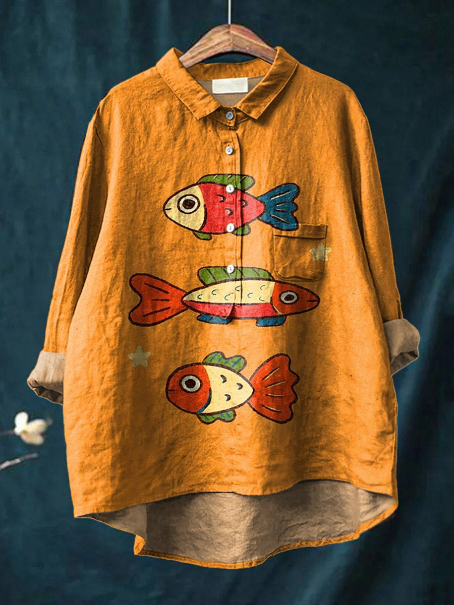 Cute Cartoon Fish Graphic Printed Women's Casual Cotton And Linen Shirt