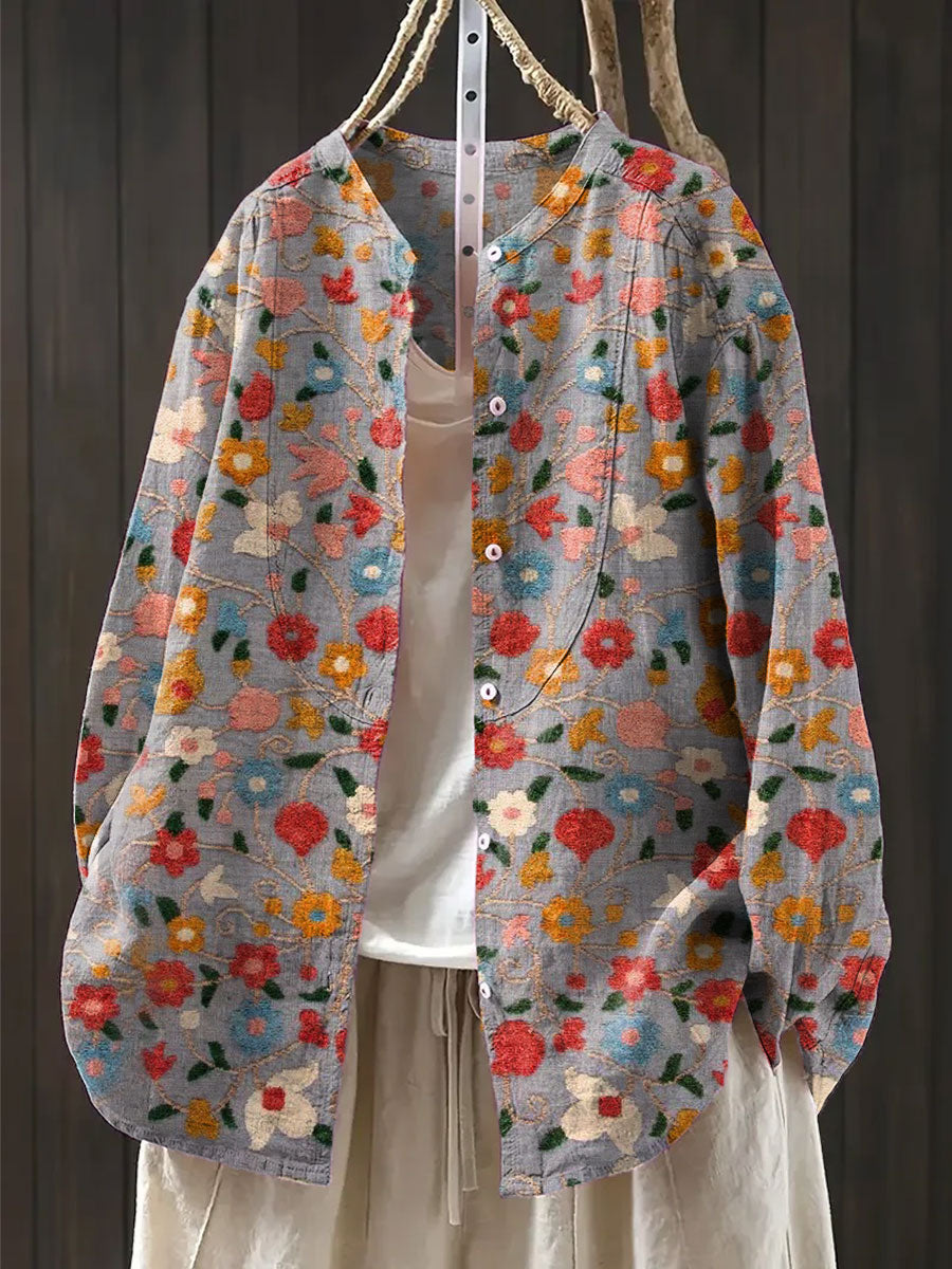 Women's Vintage Flower Art Print Casual Cotton And Linen Shirt