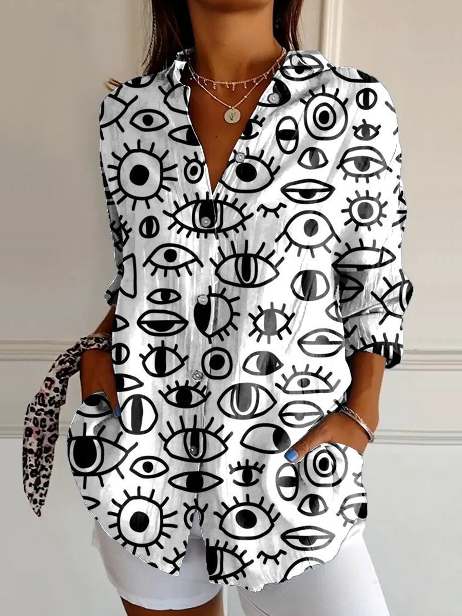 Women's Simple art painting irregular eye shapes Print Casual Cotton Shirt