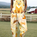 Women's Cute Bear Bowknot Painting Art Print Casual 100% Cotton Wide Leg Jumpsuit