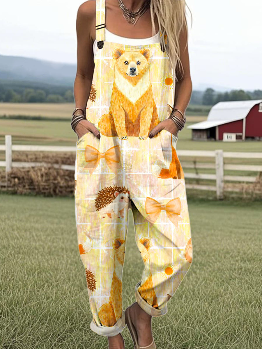 Women's Cute Bear Bowknot Painting Art Print Casual 100% Cotton Wide Leg Jumpsuit