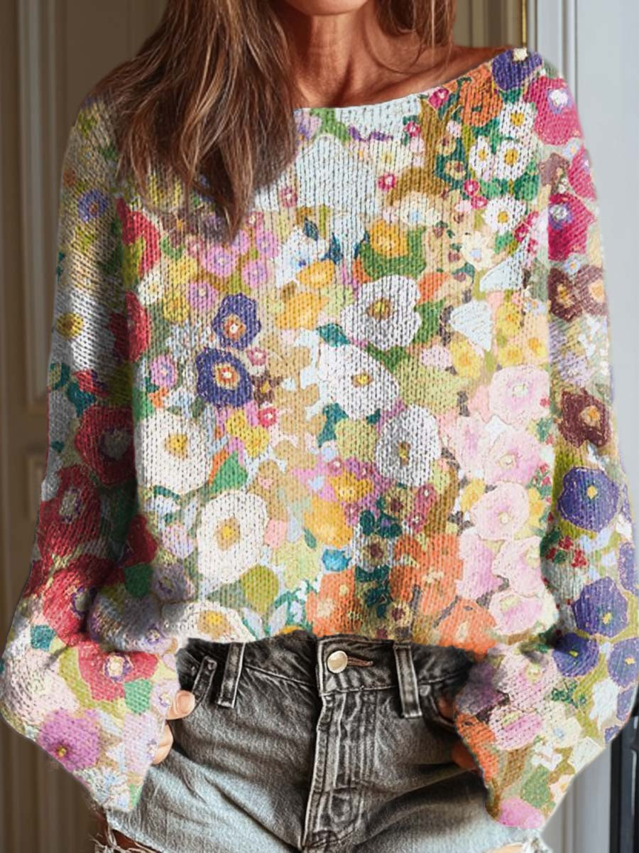 womens-vintage-colorful-oil-painting-flower-casual-pullover-sweater