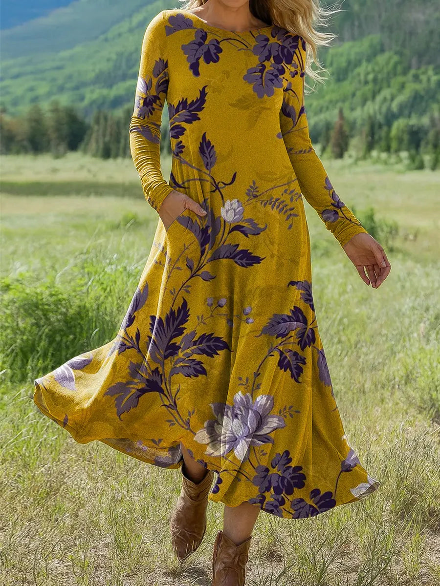 Women's Vintage  Flower Art Print Long-sleeved Dress