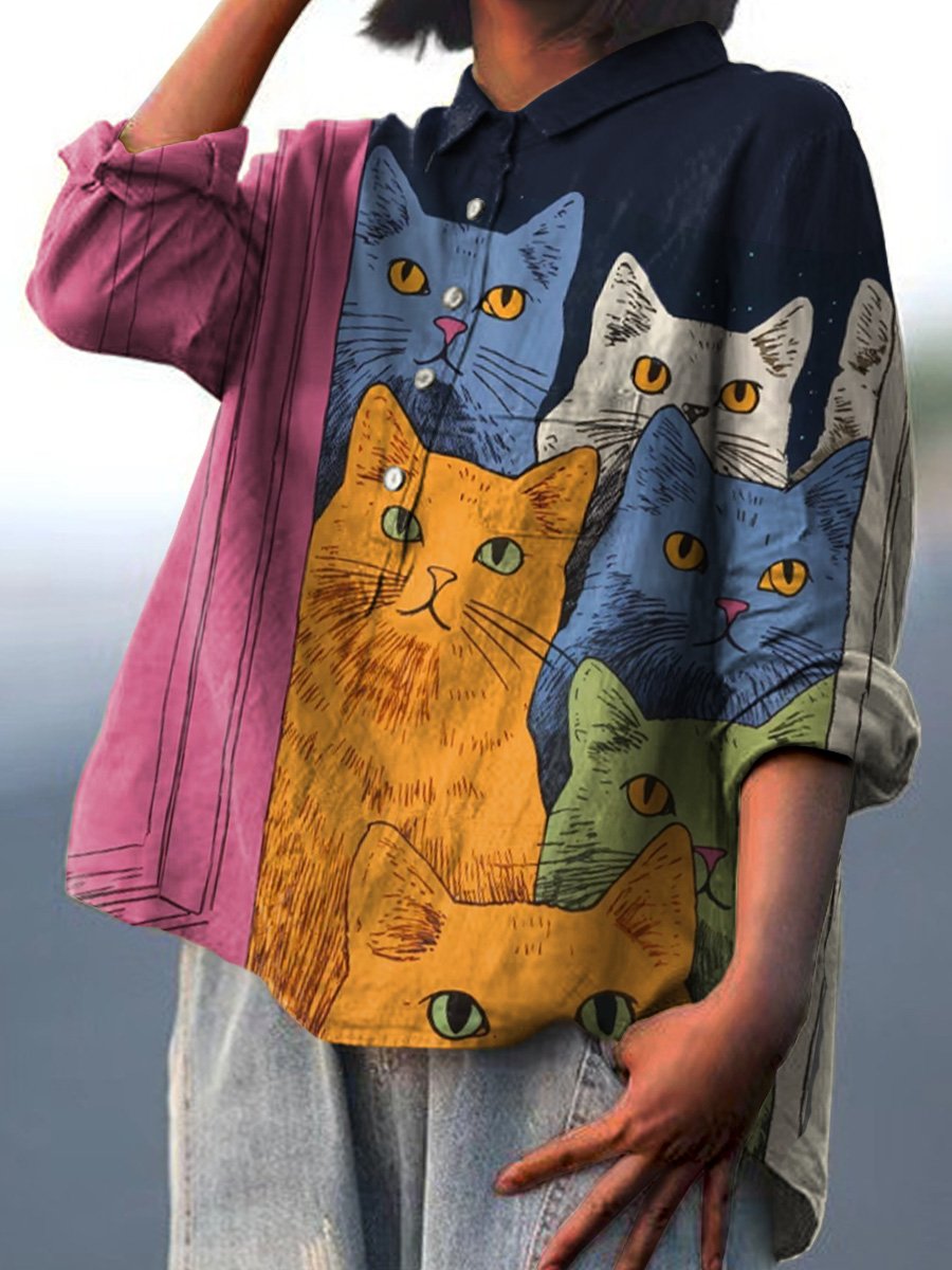 Women's Retro Door Back Door Cute Cats Print Casual Cotton And Linen Shirt