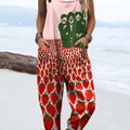 Women's Funny Strawberry Pattern Art Print Casual 100% Cotton Wide Leg Jumpsuit