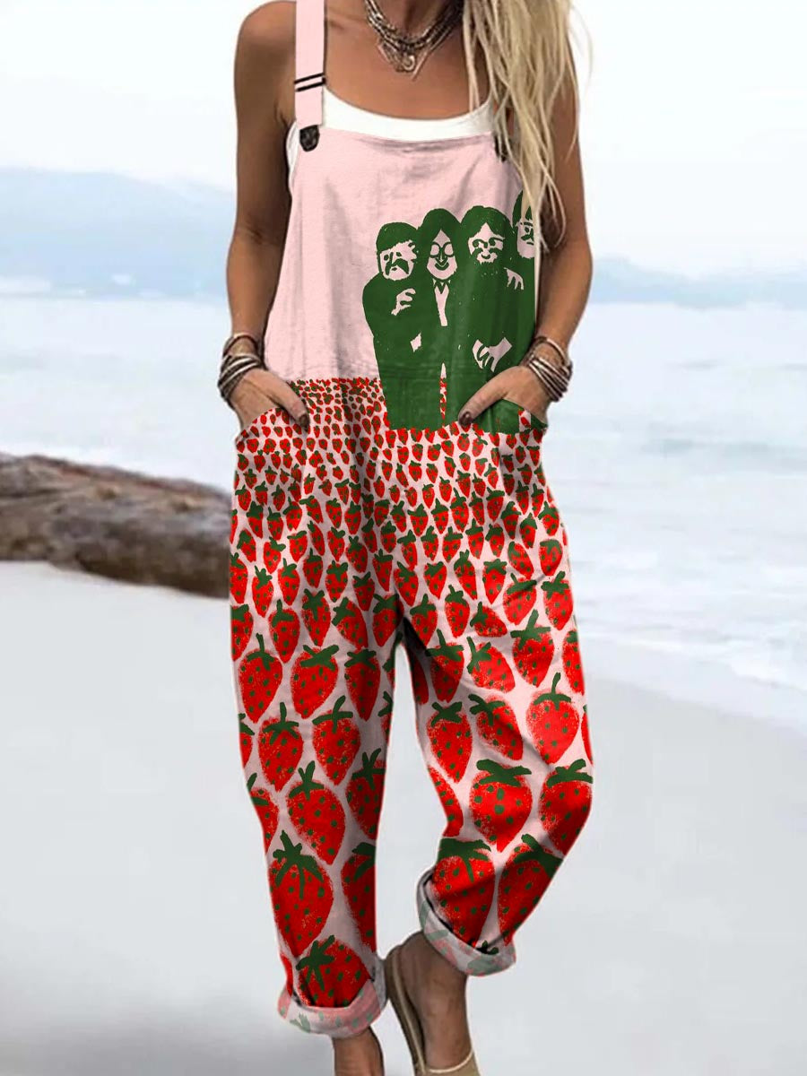 Women's Funny Strawberry Pattern Art Print Casual 100% Cotton Wide Leg Jumpsuit