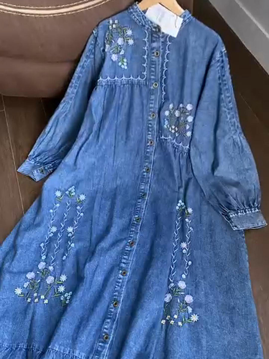 Floral Embroidery Denim Long-Sleeve Loose Dress
