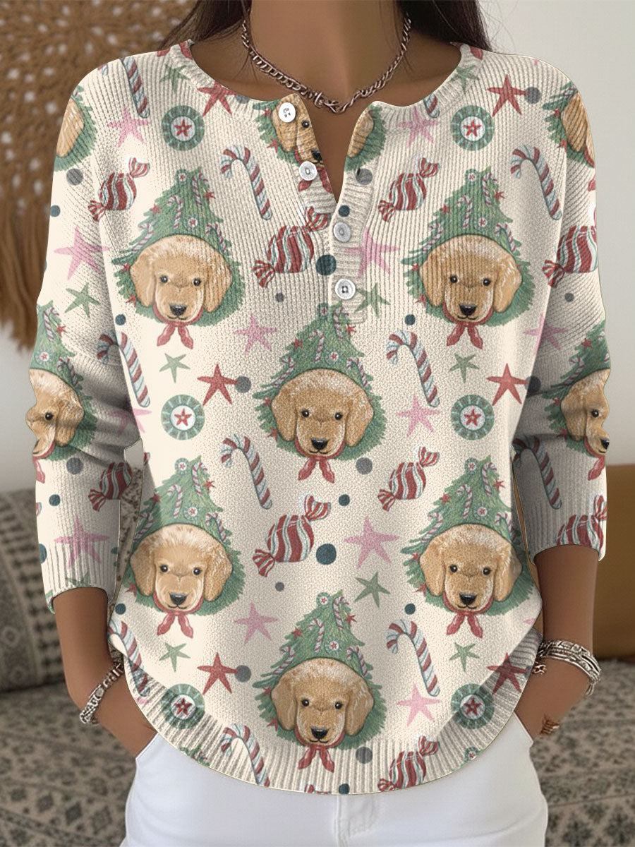 Christmas Animal Dog Pattern Art Print Buttoned Cardigan Sweater