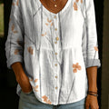 Elegant Floral Decorative Pattern Women's Long Sleeve Cotton Linen Shirt