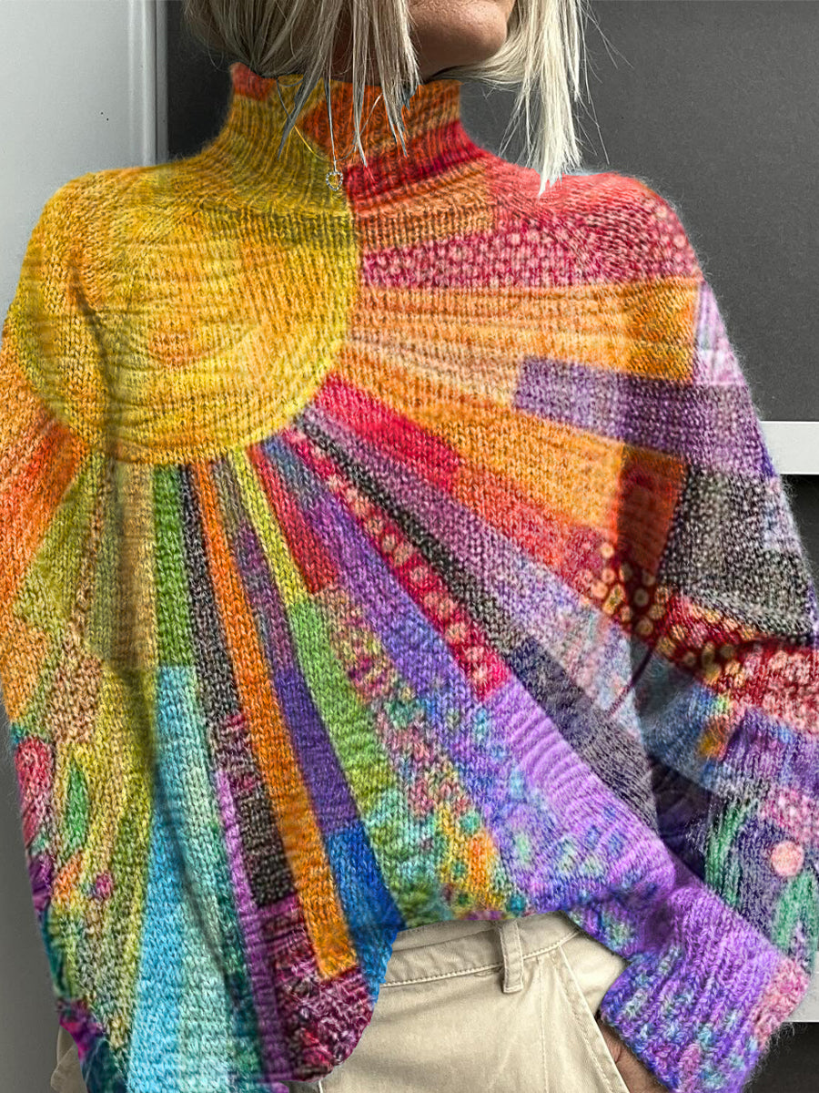 Colorful Sun Collage Print Knit Turtleneck Pullover Sweater