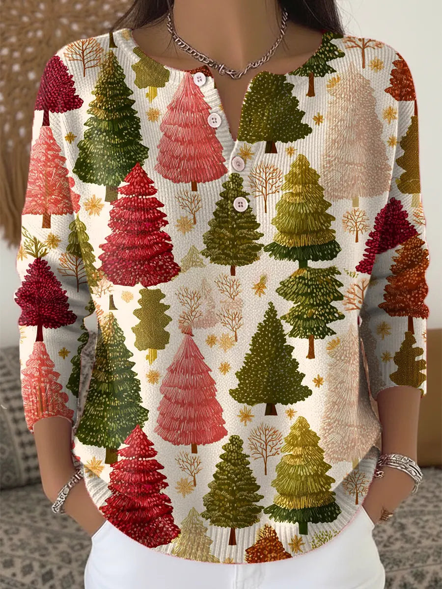 Vintage Christmas Tree  Art Print Buttoned Cardigan Sweater