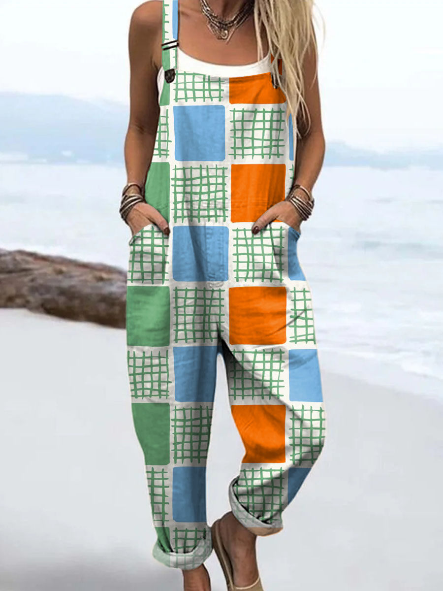 Women's Geometric Pattern Art Print Casual 100% Cotton Wide Leg Jumpsuit