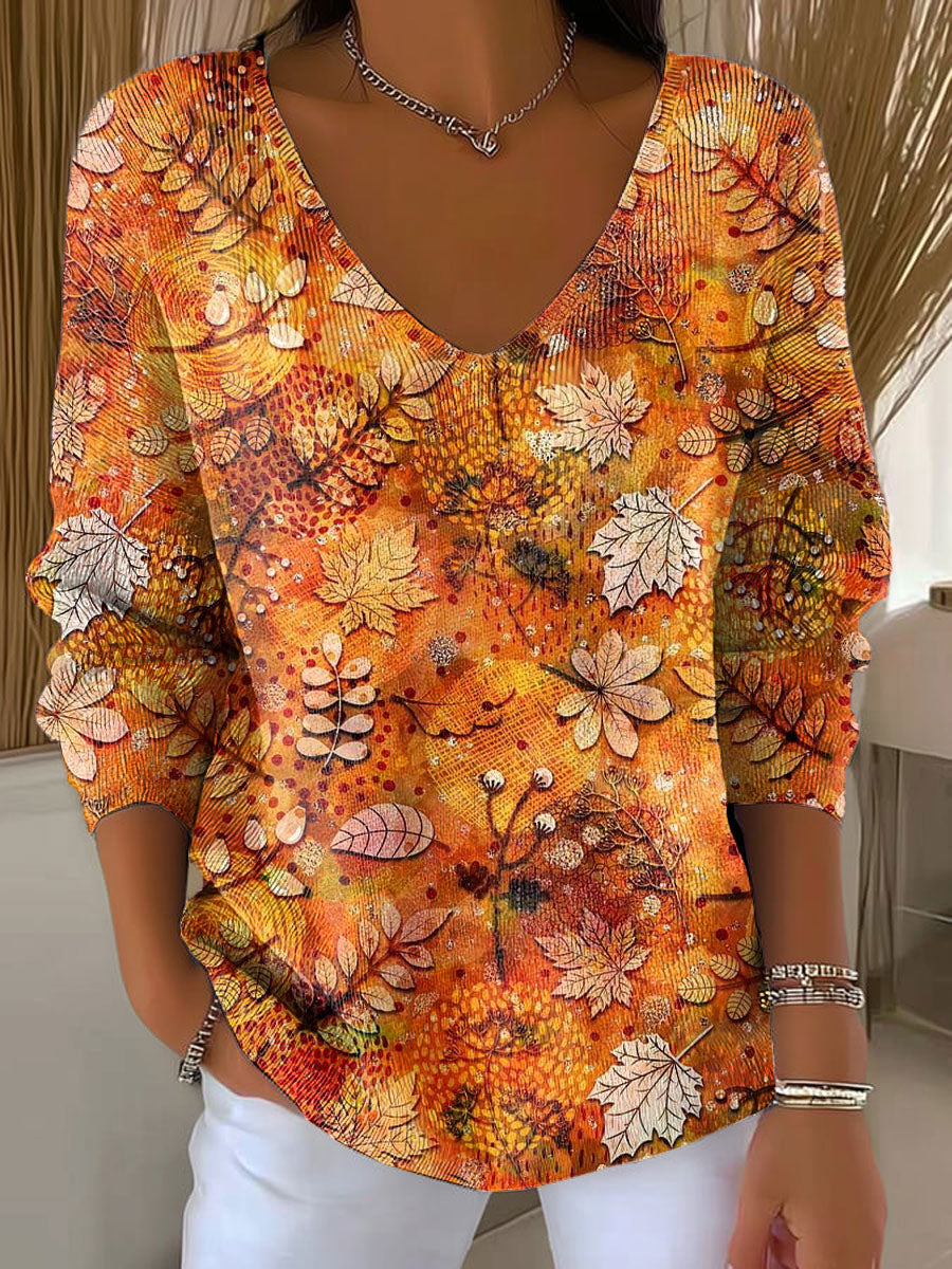 womens-autumn-leaves-orange-casual-print-pullover-sweater