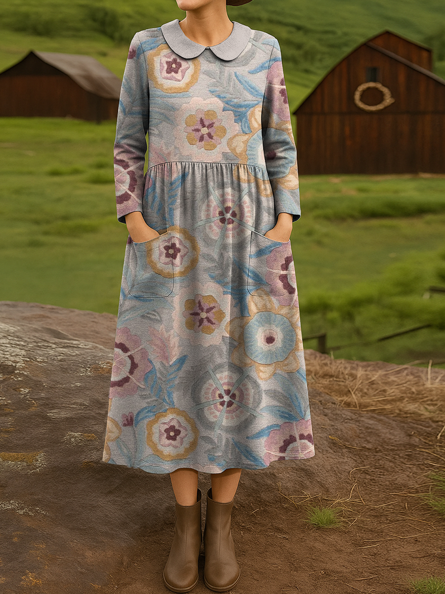 Women's Retro Flowers Pattern Art Print Cotton Lapel Button-Down Shirt Dress