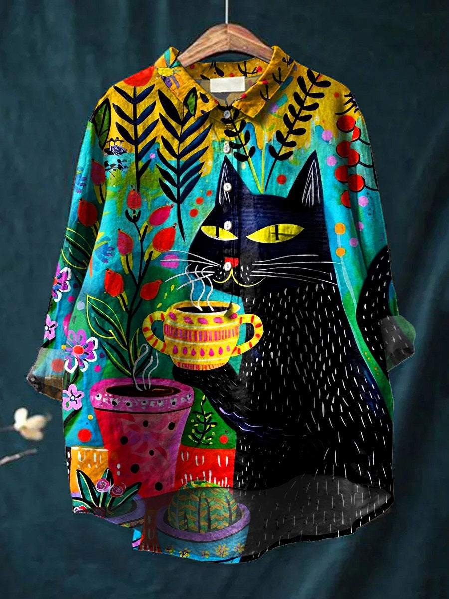 Women's Coffee Cat Print Casual Cotton And Linen Shirt