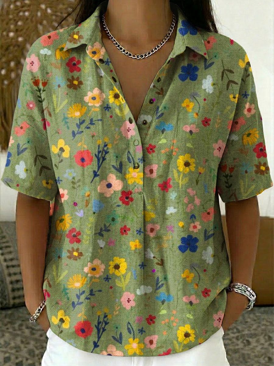 Women's Floral Print Casual Cotton-linen Shirt