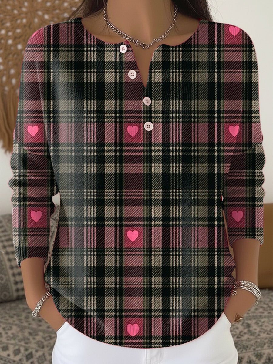 Women's Retro Plaid Heart Art Print Valentine's Day Casual Sweater