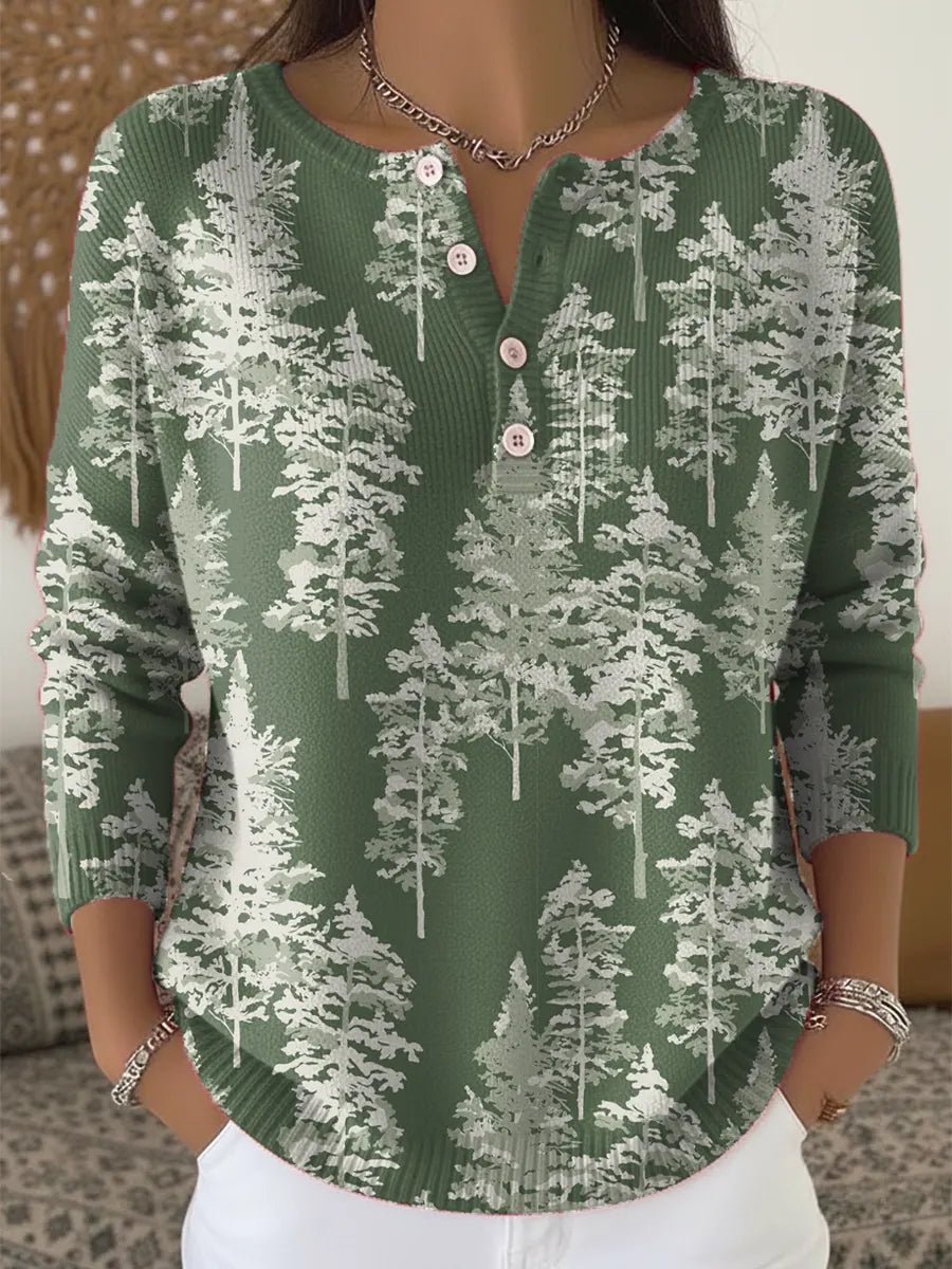 Women's Christmas Tree Art Print Buttoned Cardigan Sweater