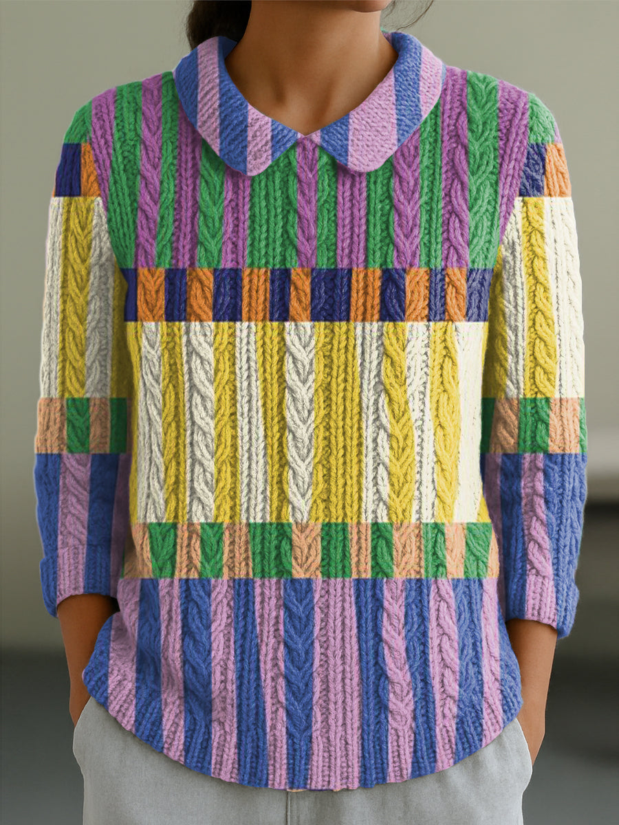 womens-colorful-geometric-stripes-painting-art-print-casual-peter-pan-collar-3-4-sleeve-sweater