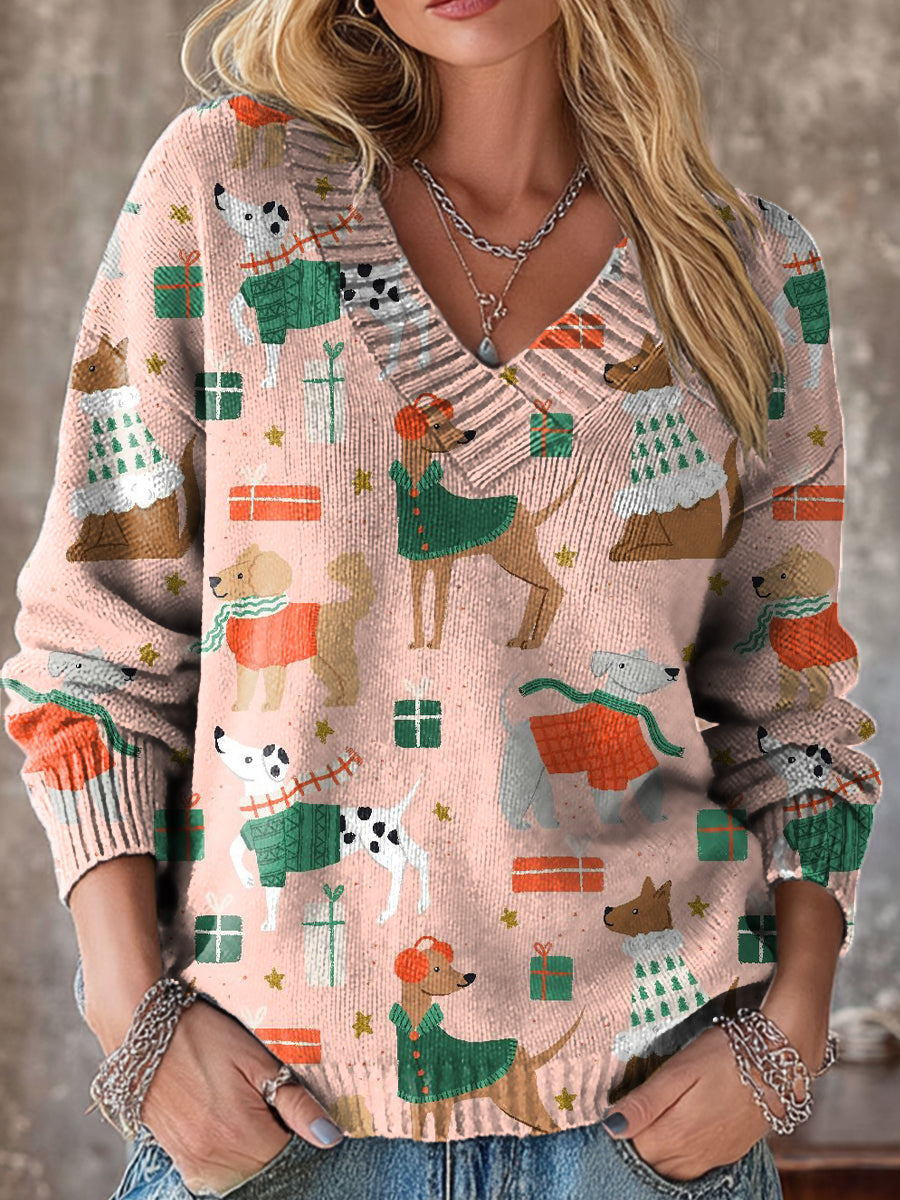 Cute Dog Gift Painting Art Print Knit V-neck Pullover Sweater