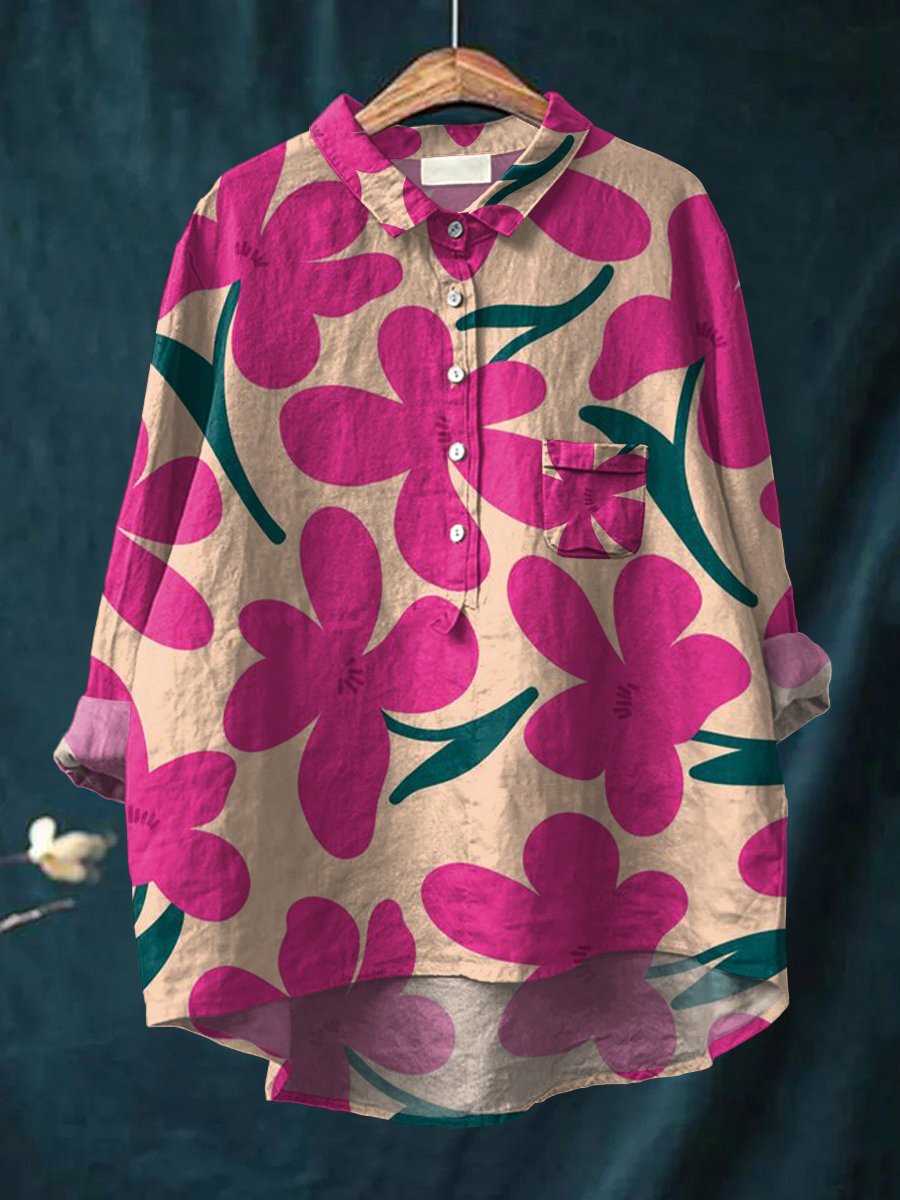 Women's Flowers Print Casual Cotton And Linen Shirt