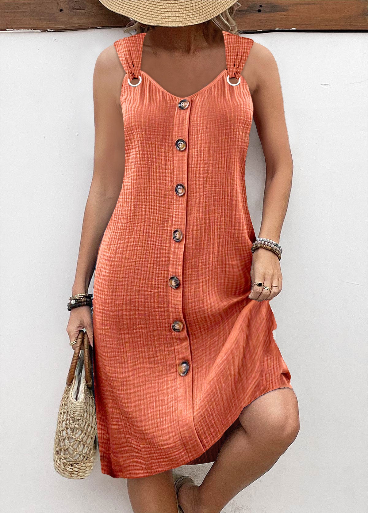 Orange Breathable A Line Sleeveless V Neck Dress