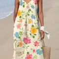 Women's Lovely Floral Art Print Sleeveless Cotton And Linen Dress