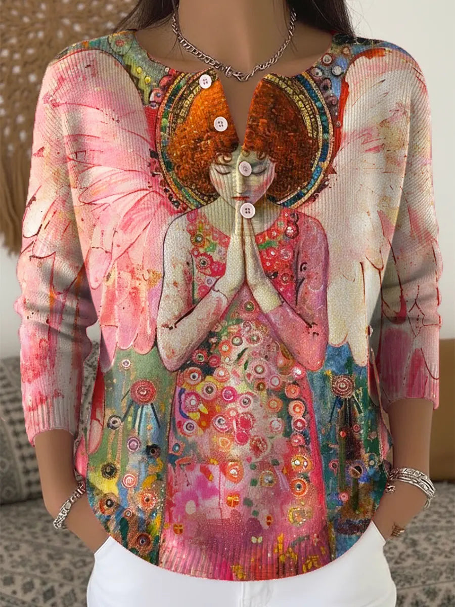 Women's Lovely Angel Pattern Art Print Buttoned Cardigan Sweater