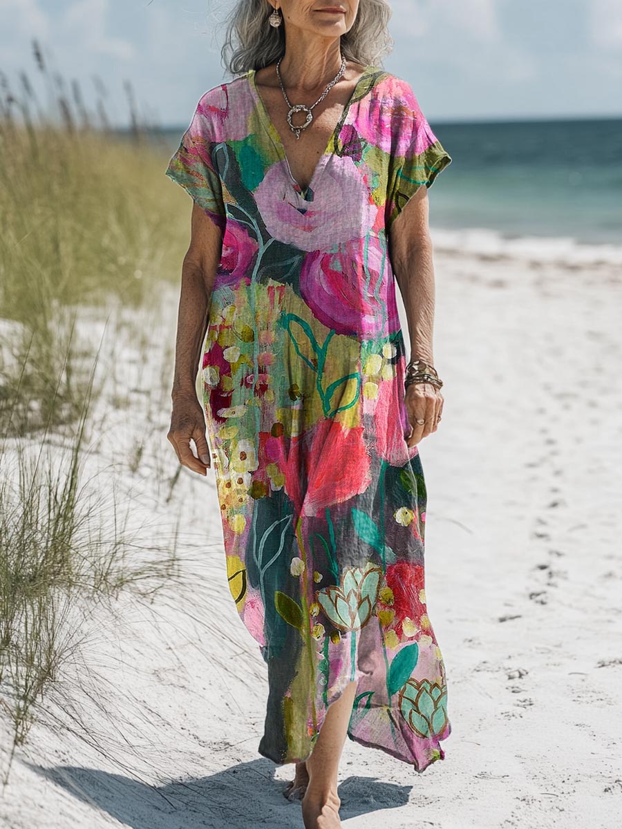 Women's Vintage Lovely Floral Art Print Pocket Cotton Dress