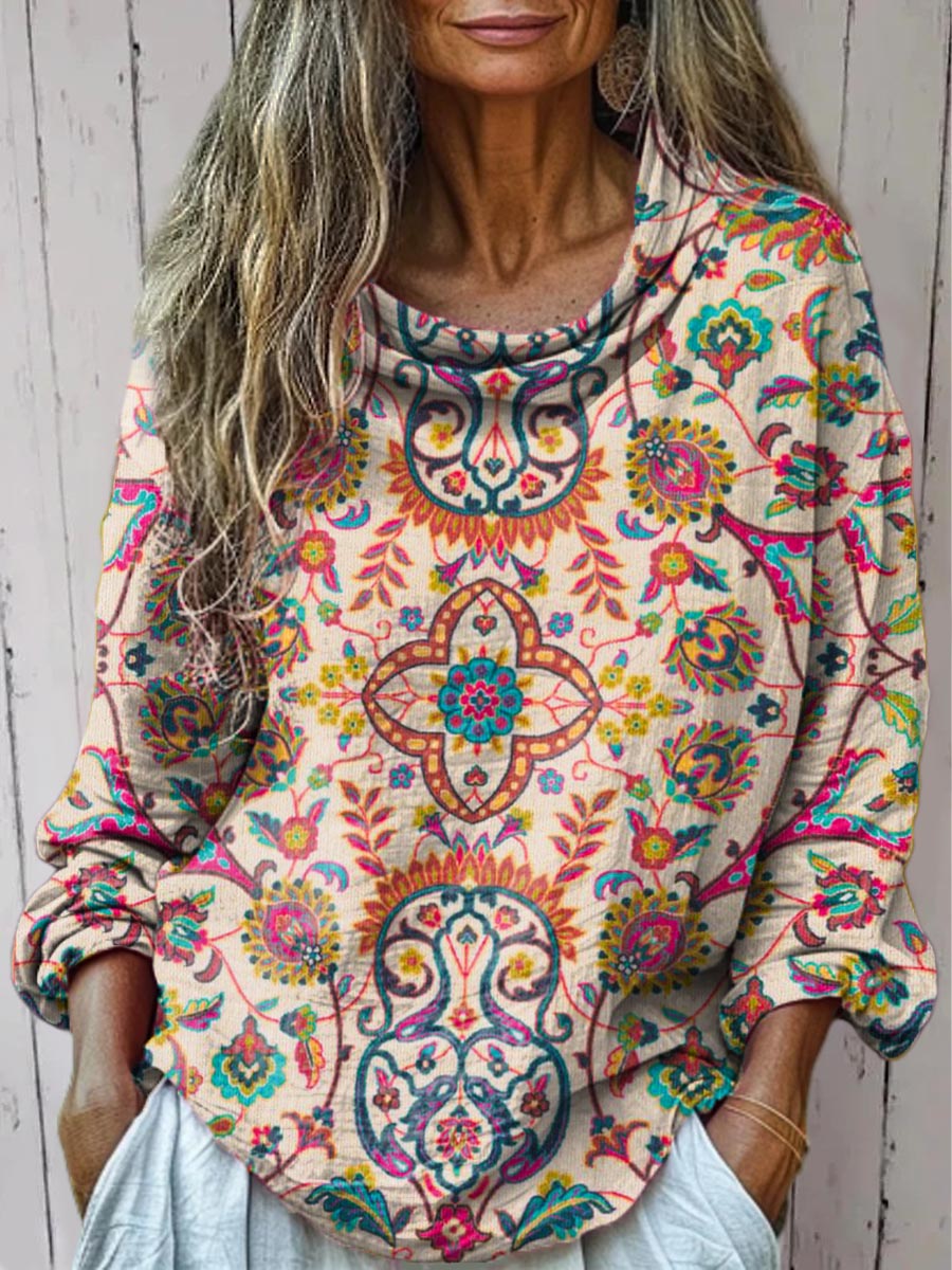 Women's Vintage Floral Art Print Casual Long Sleeve Comfortable Cotton Shirt