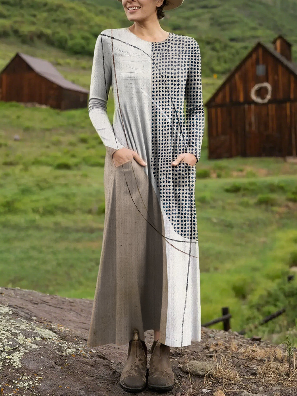 Women's Geometric Pattern Art Print Long-sleeved Dress