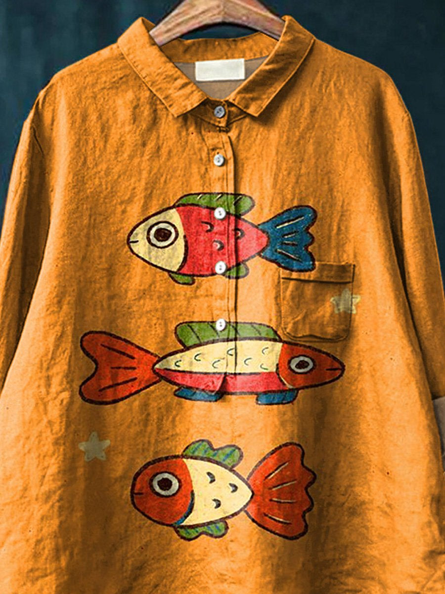 Cute Cartoon Fish Graphic Printed Women's Casual Cotton And Linen Shirt