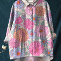 Women's Simple Pink Floral Pattern Art Print Casual Cotton And Linen Ruffle Shirt