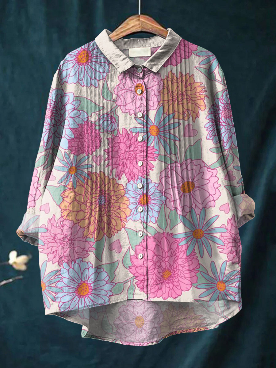 Women's Simple Pink Floral Pattern Art Print Casual Cotton And Linen Ruffle Shirt