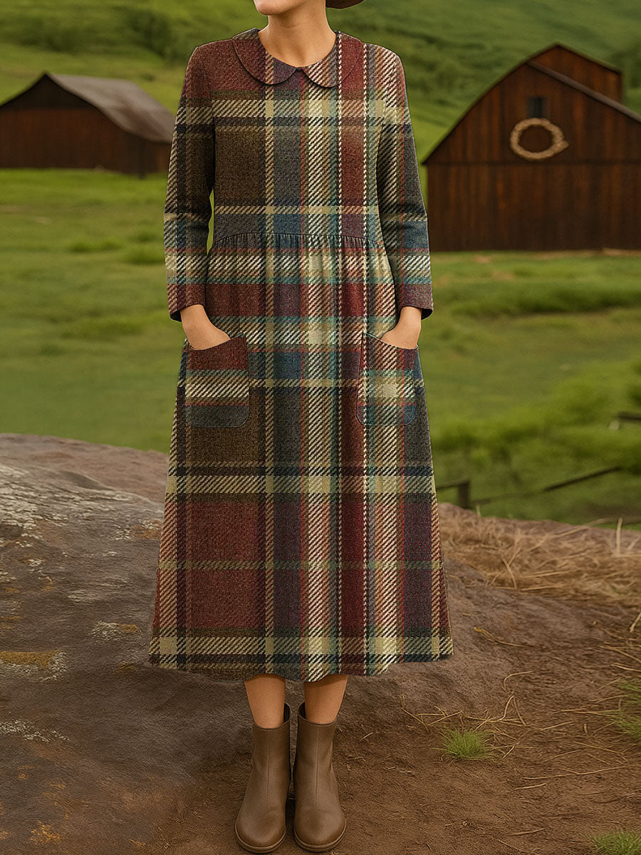 Women's Vintage Plaid Art Print Cotton Lapel Button-Down Shirt Dress