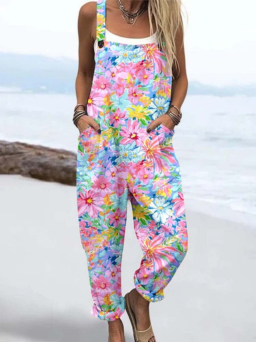 Women's Vintage Floral Pattern Art Print Casual 100% Cotton Wide Leg Jumpsuit