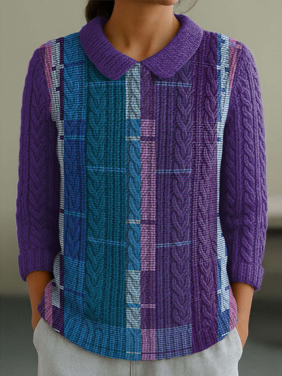 womens-purple-geometric-color-splicing-casual-peter-pan-collar-3-4-sleeve-sweater