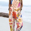 Women's  Retro  Mermaid Art Print Casual 100% Cotton Wide Leg Jumpsuit