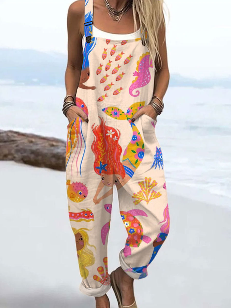 Women's  Retro  Mermaid Art Print Casual 100% Cotton Wide Leg Jumpsuit